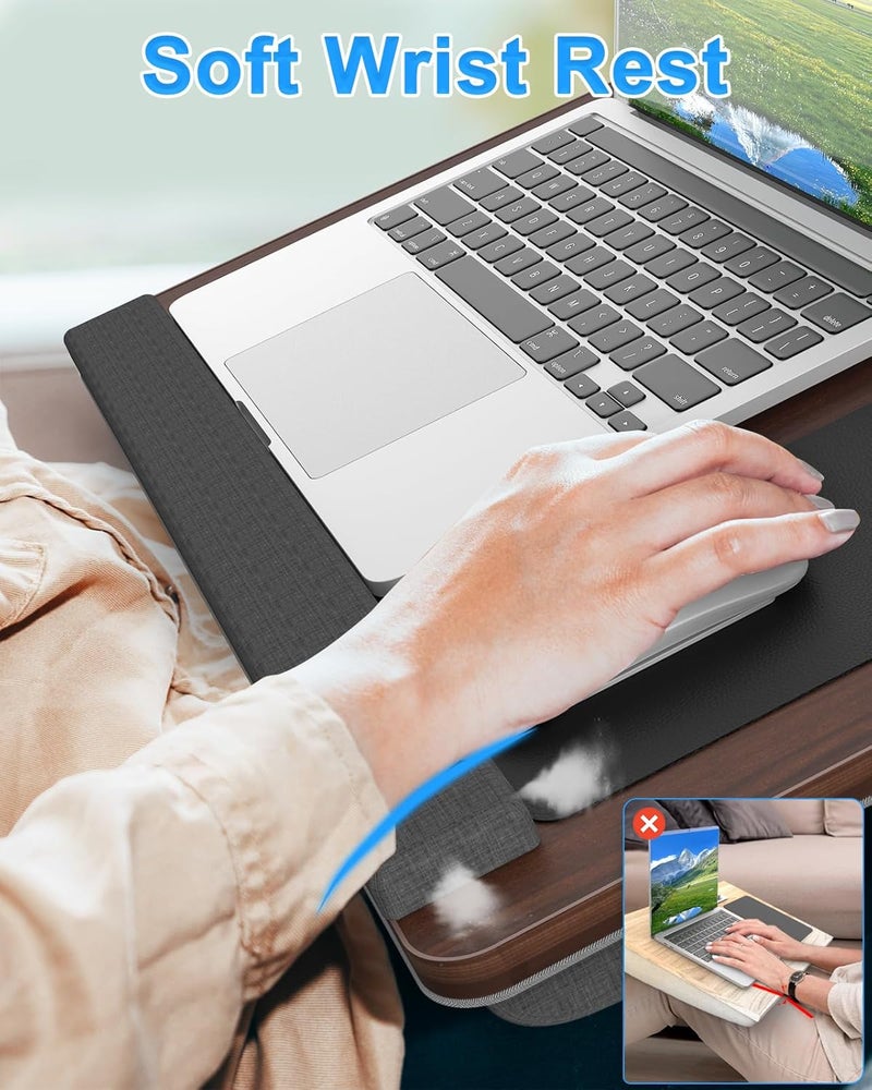 HETTHI Laptop Lap Desk, Portable Large Laptop Desk for Bed, Up to 17 in Lap Table with Wrist Rest, Mouse Pad, Tablet Phone Slot, Portable Handle, Lap Tray with Cushion (Dark Brown) - Image 3